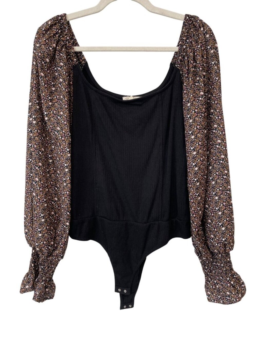 Promesa Bodysuit Large Floral Long Sleeve Ribbed Black Multicolor Dark Feminine